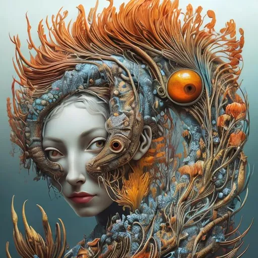 Prompt: Great big red fish on face, Perfect body woman, big great eye yellow, Grey, Orange and BLUE, Cyclops flowers Muted Flowers, Surreal, Artwork, Highly detailed, Concept art, Surrealism, Surreal art, Salvador Dali, Fantasy, Artstation by Sill Scaroni, Gold details, woman portrait, child native american, Gold details, tropical Forest, aligator on face, flowers, rain, alien space, big flowers, Gold snow
