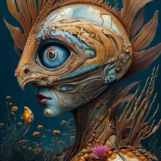Prompt: Great red fish on face, Perfect body woman, great eye yellow, Grey, Orange and BLUE, Cyclops flowers Muted Flowers, Surreal, Artwork, Highly detailed, Concept art, Surrealism, Surreal art, Salvador Dali, Fantasy, Artstation by Sill Scaroni, Gold details, woman portrait, child native american, Gold details, tropical Forest, aligator on face, flowers, rain, alien space, stars, vibrante colors
