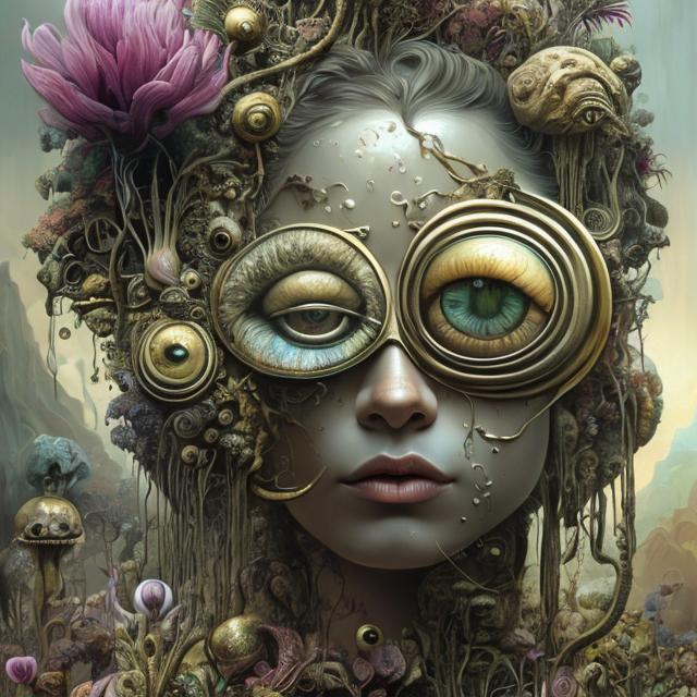 Prompt: Cyclops flowers Muted Flowers, Surreal, Artwork, Highly detailed, Concept art, Surrealism, Surreal art, Salvador Dali, Fantasy, Artstation by Sill Scaroni, Gold details, woman portrait, child native american, Gold details, tropical Forest, aligator on face, flowers, rain, alien space