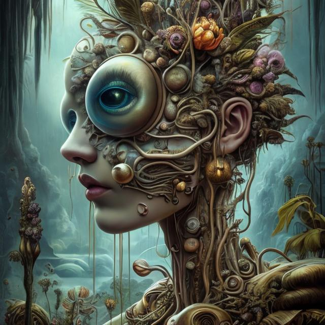 Prompt: Cyclops flowers Muted Flowers, Surreal, Artwork, Highly detailed, Concept art, Surrealism, Surreal art, Salvador Dali, Fantasy, Artstation by Sill Scaroni, Gold details, woman portrait, child native american, Gold details, tropical Forest, aligator on face, flowers, rain, alien space