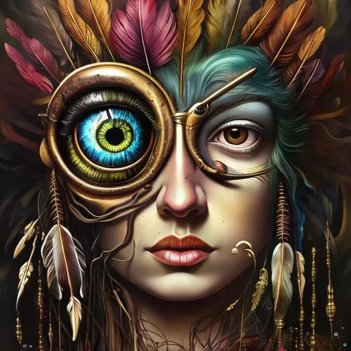 Prompt: Colors Gold feather, Percolated Waterfall Cyclops Eyeballs Muted Flowers, Surreal, Artwork, Highly detailed, Concept art, Surrealism, Surreal art, Salvador Dali, Fantasy, Artstation by Sill Scaroni, Gold details, woman portrait, child native american cultura 