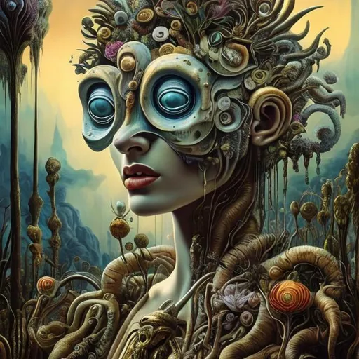 Prompt: Cyclops flowers Muted Flowers, Surreal, Artwork, Highly detailed, Concept art, Surrealism, Surreal art, Salvador Dali, Fantasy, Artstation by Sill Scaroni, Gold details, perfect woman body, child native american, Gold details, tropical Forest, aligator on face, flowers, rain, alien space