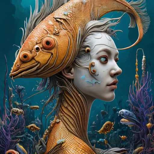Prompt: Great red fish on face, Perfect body woman, great eye yellow, Grey, Orange and BLUE, Cyclops flowers Muted Flowers, Surreal, Artwork, Highly detailed, Concept art, Surrealism, Surreal art, Salvador Dali, Fantasy, Artstation by Sill Scaroni, Gold details, woman portrait, child native american, Gold details, tropical Forest, aligator on face, flowers, rain, alien space, stars, vibrante colors