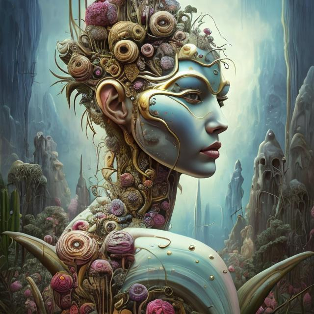 Prompt: Perfect body woman, Cyclops flowers Muted Flowers, Surreal, Artwork, Highly detailed, Concept art, Surrealism, Surreal art, Salvador Dali, Fantasy, Artstation by Sill Scaroni, Gold details, woman portrait, child native american, Gold details, tropical Forest, aligator on face, flowers, rain, alien space, stars