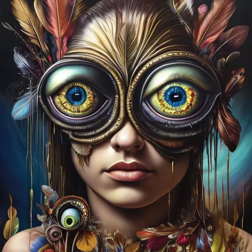 Prompt: Colors Gold feather, Percolated Waterfall Cyclops Eyeballs Muted Flowers, Surreal, Artwork, Highly detailed, Concept art, Surrealism, Surreal art, Salvador Dali, Fantasy, Artstation by Sill Scaroni, Gold details, woman portrait, child native american cultura 
