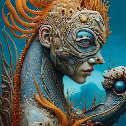 Prompt: Great big red fish on face, Perfect body woman, big great eye yellow, Grey, Orange and BLUE, Cyclops flowers Muted Flowers, Surreal, Artwork, Highly detailed, Concept art, Surrealism, Surreal art, Salvador Dali, Fantasy, Artstation by Sill Scaroni, Gold details, woman portrait, child native american, Gold details, tropical Forest, aligator on face, flowers, rain, alien space, stars