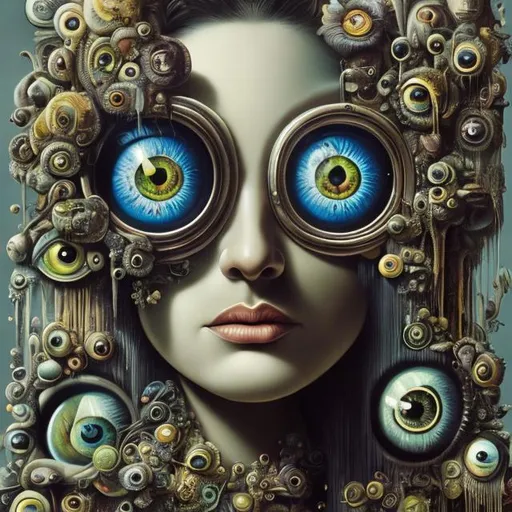 Prompt: Percolated Waterfall Cyclops Eyeballs Muted Flowers, Surreal, Artwork, Highly detailed, Concept art, Surrealism, Surreal art, Salvador Dali, Fantasy, Artstation by Sill Scaroni, Gold details, woman portrait, vivid colors