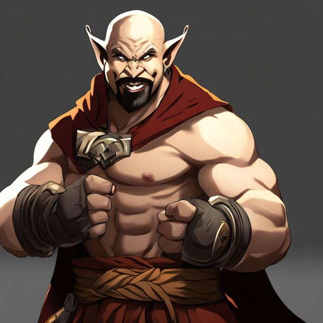 Prompt: Half Orc, Male, Light Pale brown Skin, Wearing a black hood that covers top half of his face obscuring the eyes like anime, Handsome, Heavy Beard, Two big long tusks poke up from his mouth, muscular, Purple eyes, smiling, monk, unarmed