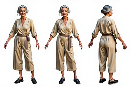 Prompt: A full-body character sheet of photorealistic elderly woman 3c1fd6b8 with gray hair, beige wrap jumpsuit with long sleeves and sash belt, black shoes displayed in three clear views on a clean white background, arranged in a three-column grid pattern with equal spacing and importance. Left panel: front view showing complete anatomical details and outfit. Center panel: perfect 90-degree side view (profile) clearly showing the character's side silhouette, facial profile, and outfit from a direct lateral perspective. Right panel: back view revealing posterior details Each view maintains consistent scale, lighting, and full-body presentation from head to toe. All three perspectives must be equally detailed and given equal prominence in the composition.