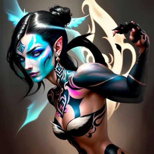 Prompt: High-res digital painting featuring a beautiful woman with shoulder length black hair, striking tattoos, and a big nose, accompanied by a white Staffordshire bull terrier dog, detailed facial features, vibrant colors, fantasy style, dramatic lighting, professional, detailed eyes, tattoo art, pet companion, ethereal, striking beauty, sharp features, magical realism, radiant glow, fantasy art, powerful aura