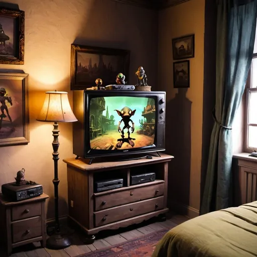 Prompt: A TV playing oddworld abes odyssey in a small bedroom