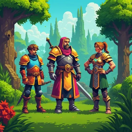 Prompt: Detailed illustration of an old school RuneScape character next to a RuneScape 3 character, retro pixel art style, vibrant colors, intricate armor and weaponry, lush greenery in the background, high quality, pixel art, detailed characters, vibrant colors, lush environment, nostalgic atmosphere