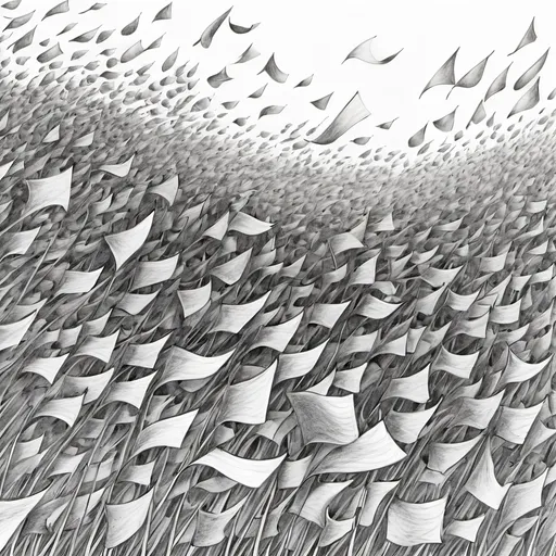 Prompt: Hundreds of drawing blowing around in the wind 