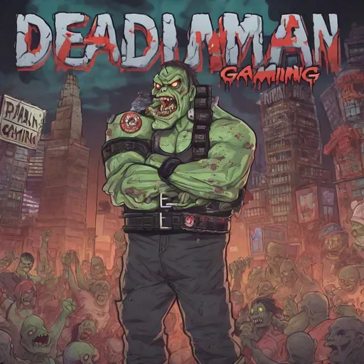 Prompt:  A wrestling belt with the words "Deadman Gaming" written on it, held by a zombie pro wrestler with ghostbusters gear. The background is a post-apocalyptic cityscape with a mix of zombies and ghostly figures cheering on the wrestler.