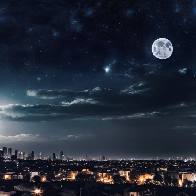 Prompt: Dark city, dark blue sky, large moon