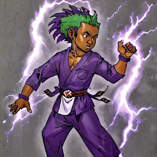 Prompt: Make the background of this image a martial arts dojo. Make the main subject an  african American anime character. Make him a martial artist. Draw him about to fire an enery blast from his hands with purple lightning energy gathering at them. Emphasize the intense focus he seems to be exerting while also highlighting his standoffish, annoyed nature. For the art style specifically utliza bold colors, specifically for the enery while utilizing a shading style similar to Super Mario Strikers. Draw the character flying through the air as a result of the energy. Body parts should be slightly unproportionate, but believable. Here is a description of that purple energy to help: Erebus Energy: Erebus energy, often mistaken for "evil," signifies power derived solely from within oneself. Users of this energy are primarily self-focused, prioritizing personal advancement over others. Unlike aether energy users, Erebus practitioners lack loyalty, especially among themselves, and adhere to no moral code except their own. Many Erebus users excel as manipulators, capable of influencing minds—a stark contrast to aether users who refrain from such practices. They demonstrate prowess as generals, technological innovators, and evoke potent emotions, granting them slightly, yet noticeably stronger raw strength than aether users.















