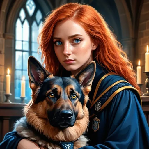 Prompt: Detailed digital illustration of a red-haired Ravenclaw with a German Shepherd, vibrant colors, magical Hogwarts setting, detailed hair and fur, intense and focused gaze, high-quality, detailed eyes, digital painting, fantasy, vibrant colors, magical, detailed hair, detailed fur, Hogwarts, intense gaze, professional, atmospheric lighting