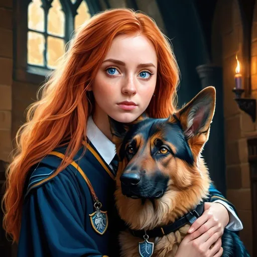 Prompt: Detailed digital illustration of a red-haired Ravenclaw with a German Shepherd, vibrant colors, magical Hogwarts setting, detailed hair and fur, intense and focused gaze, high-quality, detailed eyes, digital painting, fantasy, vibrant colors, magical, detailed hair, detailed fur, Hogwarts, intense gaze, professional, atmospheric lighting