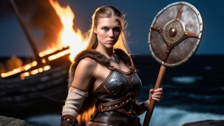 Prompt: female viking warrior, hands behind back, face, moonlight, show face, on rocks, realistic face, facing camera , holding a shield, burning ships behind, huge fire,