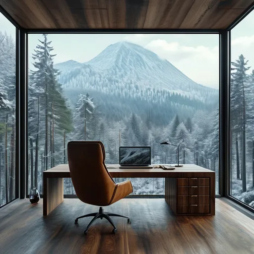 Prompt: luxury working room, window right in front of the desk, view to the forest in the winter with a lot of snow. far behind is a huge snow mountain