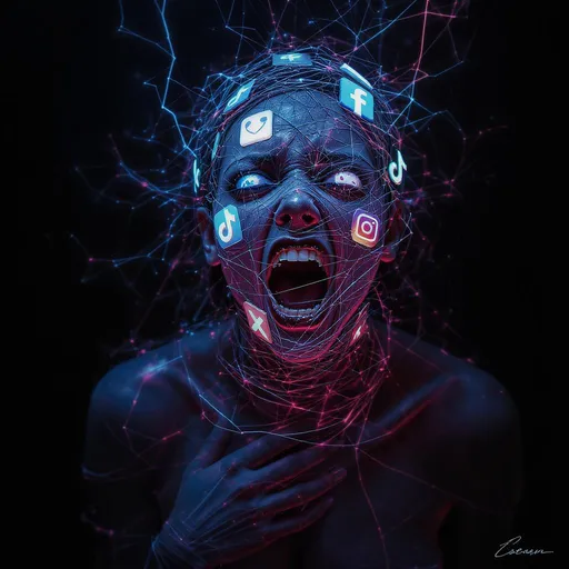 Prompt: A dramatic, cinematic digital painting of a woman entangled in a glowing neural net made of social media logos — Facebook, Instagram, TikTok, X (Twitter), YouTube, and VKontakte. The net wraps around her body like a spider web, tightening as she struggles to break free. Her face is distorted with both fear and rage, mouth open in a silent scream. Dynamic lighting, high contrast, dark background with flashes of electric blue and red, symbolizing data and control. Hyperrealistic, emotional, powerful composition, artstation trending, 8K, digital illustration.