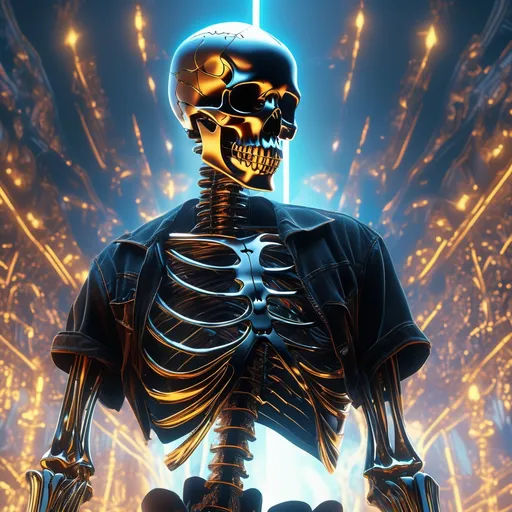 Prompt: Skeleton, wearing a black T-shirt and jeans, cinematic lighting, hyper detailed, ultra-realistic, fractal, UHD, style of 80s America heavy metal comic book