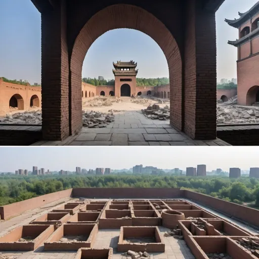 Prompt: Distant view of the morning sky with the image of Deng Xiaoping, middle view of the ruins of the ancient kiln and the ancient ceramic craftsmen, foreground of the modern ceramic artists