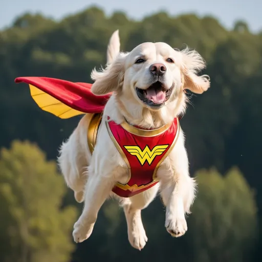 Prompt: An English cream golden retriever wearing a Wonder woman costume flying in the air
