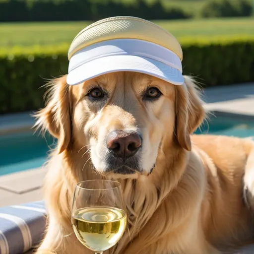 Prompt: A golden retriever sipping Chardonnay while wearing a sun visor
