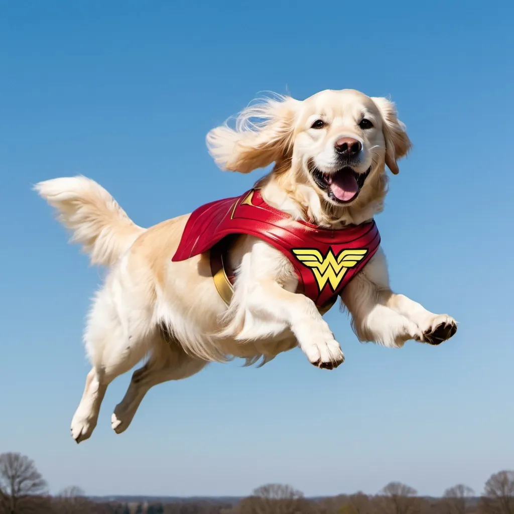 Prompt: An English cream golden retriever wearing a Wonder woman costume flying in the air
