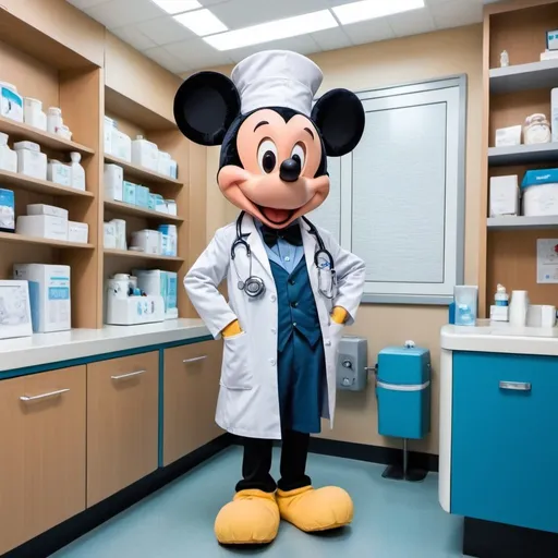 Prompt: grafika w stylu bajek disney, Pani doktor bada w gabinecie niemowlaka, na półkach w gabinecie maskotki z bajek disneya