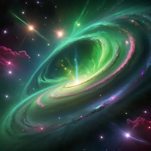 Prompt: (vibrant galaxy), (green aura), stunning constellations surrounding a distant planet, swirling cosmic gases and stars, luminous celestial bodies, deep vibrant colors blending beautifully, ethereal atmosphere, tranquil yet mysterious vibe, sparkling lights across the vastness of space, HD, ultra-detailed, surreal and dreamlike setting.