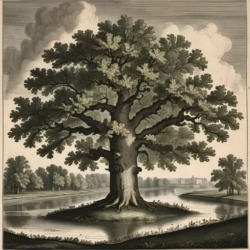 Prompt: A 17th century engraving depicting a majestic oak standing on a meadow which is in front of a straight river flowing from left to right.