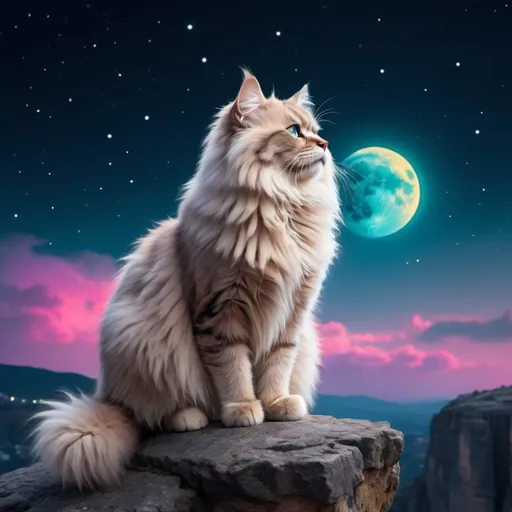 Prompt: Fluffy cat on a tall cliff, neon moon sky, bright neon stars, brave expression, fluffy fur, high quality, neon, moonlit, fluffy, brave, cliffside, detailed fur, professional.