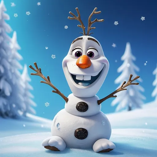 Prompt: (central content: Olaf), (winter character), cheerful expression, snowflakes gently falling around, soft white fur with frosty accents, whimsical and friendly pose, vibrant blue background evoking a chilly winter atmosphere, sparkling ice crystals, joyful ambiance, (ultra-detailed), (4K), tranquil and inviting scene, playful spirit, bright and engaging colors, magical winter wonderland feel.