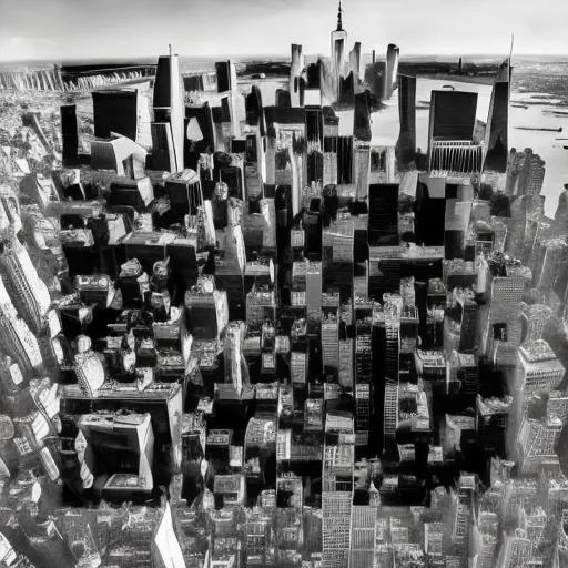 Prompt: Capture the dynamic energy and architectural marvel of a bustling New york Manhattan from a bird's-eye view, emphasizing the towering skyscrapers and dense urban layout in monochrome tones.