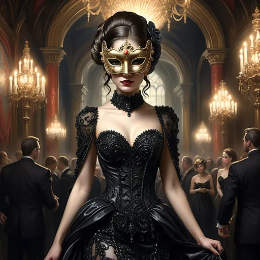 Prompt: (gothic art) A (singular causcasian female figure ) with (elaborately styled brunette hair) dressed in an (elaborately beaded and sequined black gown) and a (beautiful venetian style masquerade mask) shown (full length) intricate detailing (highly detailed oil painting) dramatic lighting, rich textures, luxurious setting, opulent ambiance surrounded by a crowd of (similiarly dressed dancing couples) full of emotion conveying a sense of being (alone in a crowded room), social isolation, loneliness