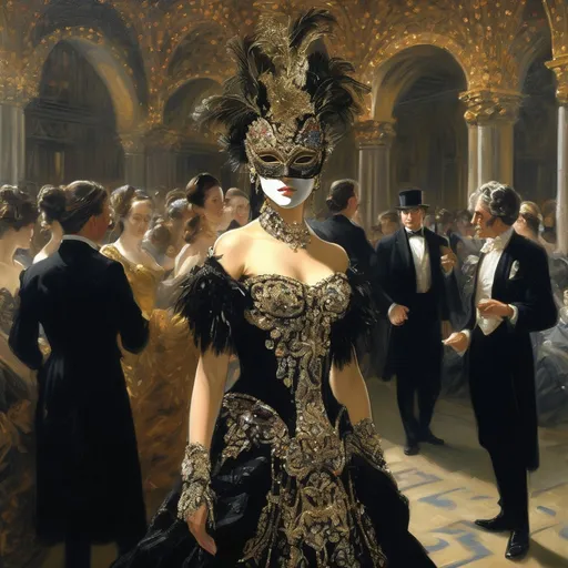 Prompt: A (singular causcasian female figure ) with (elaborately styled  brunette hair) dressed in an (elaborately beaded and sequined black gown) and a (beautiful venetian style masquerade mask) shown (full length) standing in an elaborately decorated (grand hall)  beautifully decorated with shadowed edges surrounded by a crowd of (similiarly dressed dancing couples) Captured in an ultra-realistic, oil painting on canvas style, conveying a sense of being (alone in a crowded room), social isolation