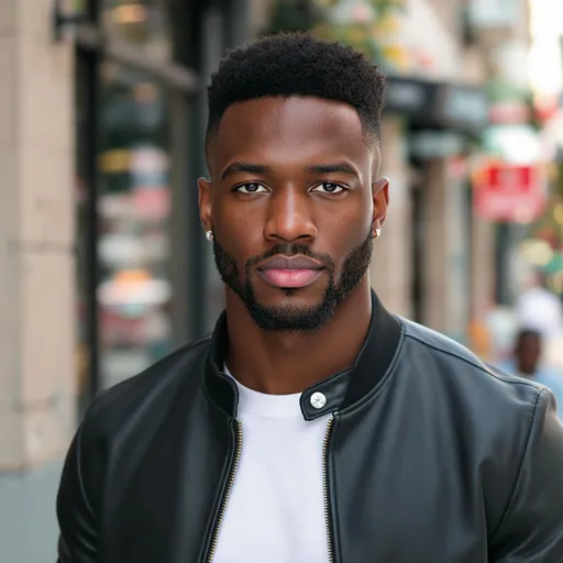 Prompt: "A confident, athletic Black Nigerian male, 29 years old, 170 cm tall, with a handsome, well-groomed short afro haircut with neatly trimmed sides. He has a chiseled jawline, deep brown eyes, and a charismatic expression. Wears a stylish modern outfit—either a fitted black leather jacket over a white t-shirt or a smart-casual streetwear look. Muscular and fit, with the physique of a boxer. Set in a bright, urban outdoor environment with soft natural lighting, giving off strong influencer and lifestyle model vibes. High realism, cinematic style, medium-close shot, DSLR depth of field, bokeh background. Instagram aesthetic."