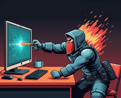 Prompt: pixel art of an application security warrior fighting a Code Vulnerbility