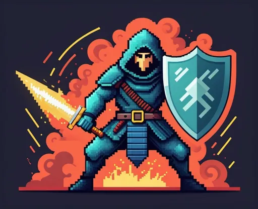 Prompt: pixel art of an application security warrior fighting a Code Vulnerbility