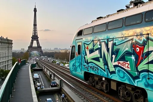 Prompt: turquoise and white Paris metro MF77, (captivating) red graffiti "EILEZ" painted from top to bottom, view of Paris panorama, (iconic) Eiffel Tower in the background, (vibrant) blues and whites, (highly detailed) architecture, (tranquil) ambiance, warm sunlight casting reflections, (cinematic) depth, bustling Parisian streets, (ultra-detailed) scene enhanced with soft clouds in a serene sky.