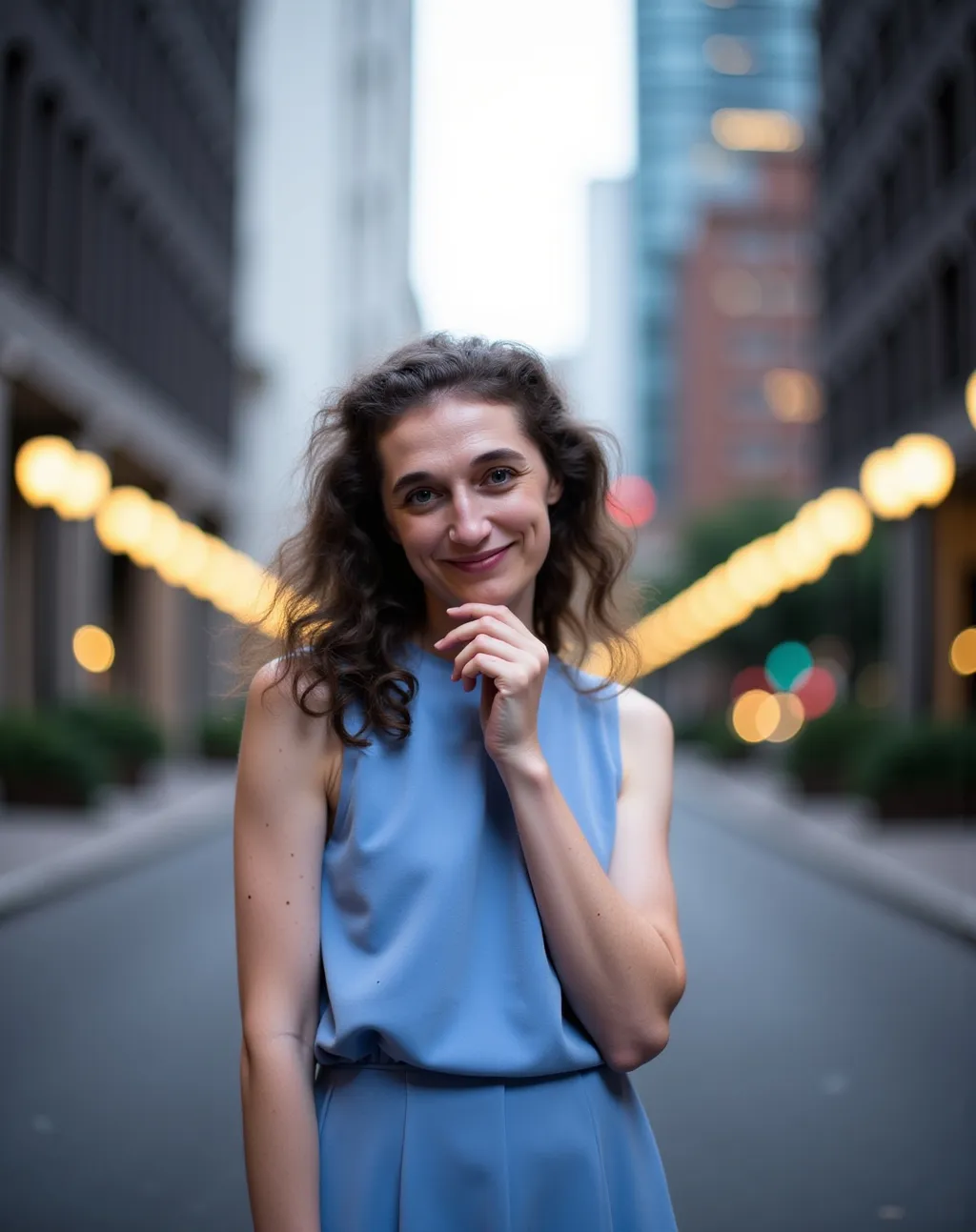 Prompt: A photo of a subtle smiling female model with curly brown long hair standing in an urban setting with tall office buildings. She is wearing blue elegant business dress. The background is heavily blurred, forming a soft bokeh effect with distinct circular light patterns. The atmosphere emphasizes the contrast between the sharp focus on the model and the smooth blur of the warm background, highlighting her stylish, confident look., cinematic, photo