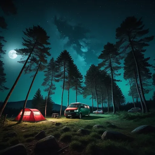 Prompt: photorealistic, (dark green) Volkswagen T5 camper parked in the woods, (vibrant red) tent in the heart of the forest, (starlit sky) filled with shimmering stars and a radiant full moon, (rich contrast) between shadows and highlights, cinematic ambiance, serene yet captivating atmosphere, (Filip Hodas) inspired composition, ultra-detailed, award-winning photography quality.