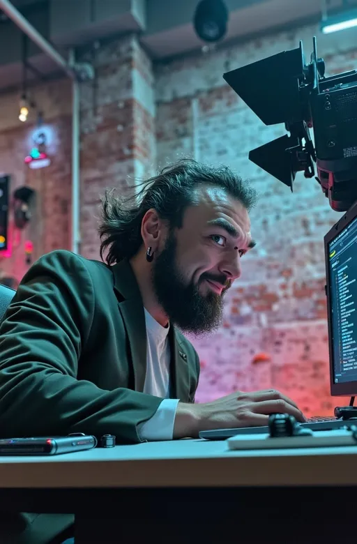 Prompt: A cinematic-style medium shot of a man with long artistic messy  hair smiling little bit in a professional setting. He is wearing a dark green suit and a white shirt. The background contains a 3D-rendered film camera, a cluster of electronic components, and a cinematic background with floating AI code and brutalist architectural forms. The overall image has vibrant cross-processed colors, dramatic lighting, and high contrast.