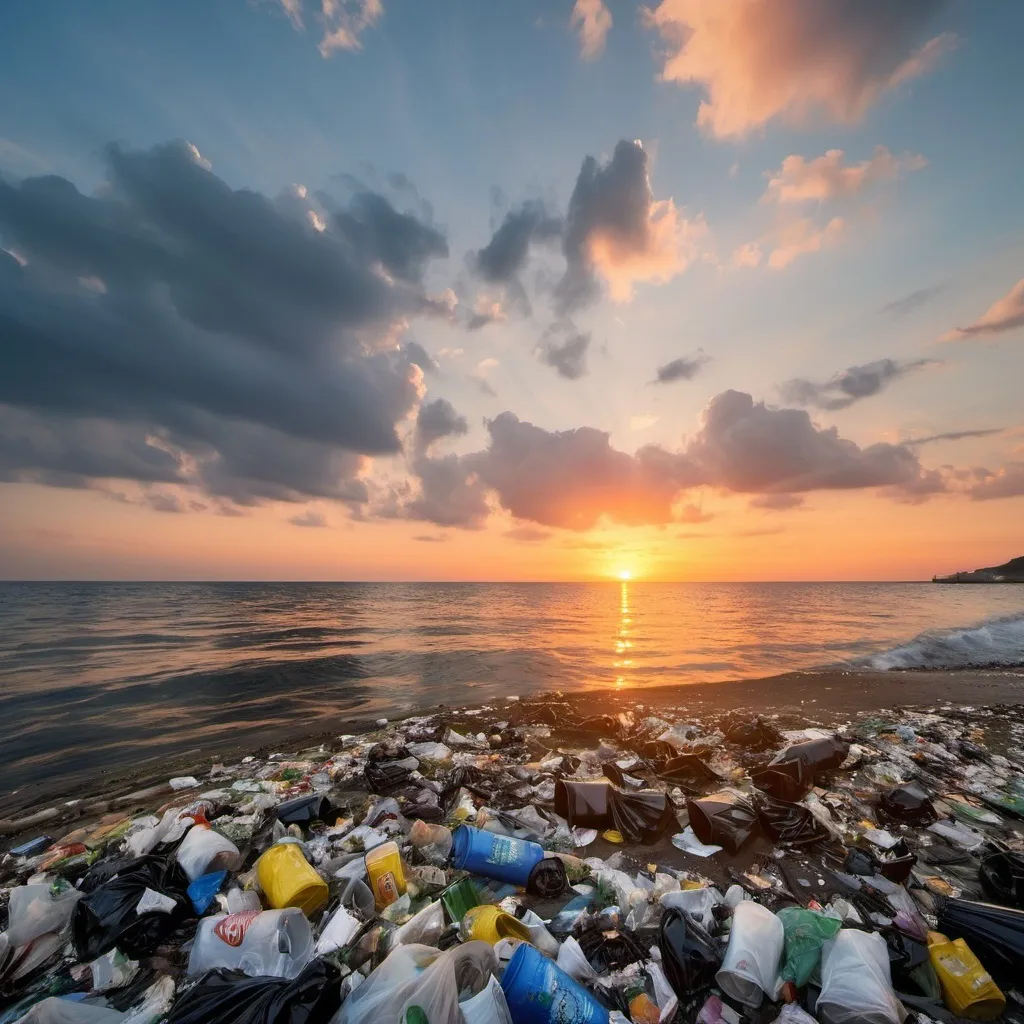 Prompt: sea scenery with sunset but the ocean filled with trash
