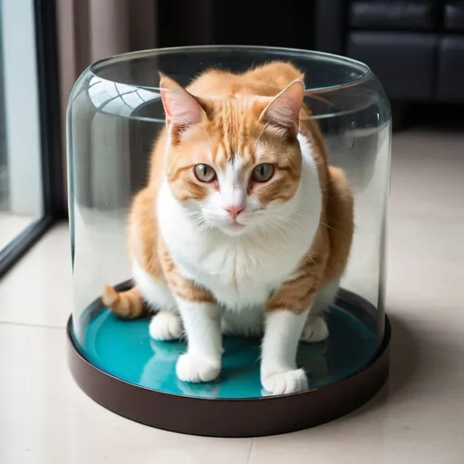 Prompt: a cat sitting in a transparent glass bottom