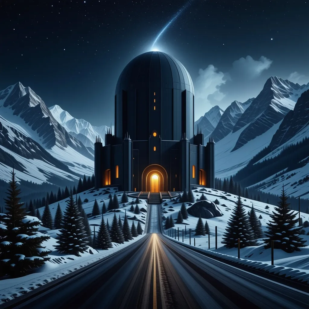 Prompt: A black brutalist cathedral sphere in a snowy mountainside at night, a road leading to it, style of Simon Stalenhag, sci-fi, cyberpunk