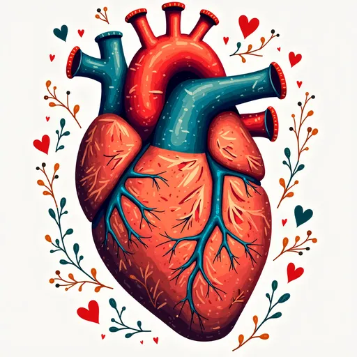 Prompt: whimsical Folk art heart - anatomical and colorful illustration