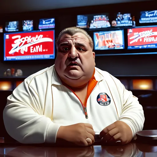 Prompt: a avatar of a 60 year old fat Italian guy from the sopranos with his hair slicked back sitting down at a desk facing forward with the background of a sports bar with tvs playing sports
wearing a track suit with a gold chain